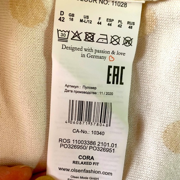 NWT Olsen Germany cotton blend V-neck relax fit womens in cream white polkadot - Picture 7 of 10